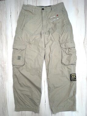 VTG JNCO JEANS Mens 33x32 Khaki Baggy Skater Cargo PANTS Patch DNM-DIV/85 Skull